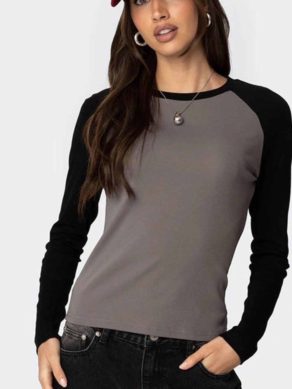 Edikted women’s Raglan Long Sleeve Top in Gray and Black